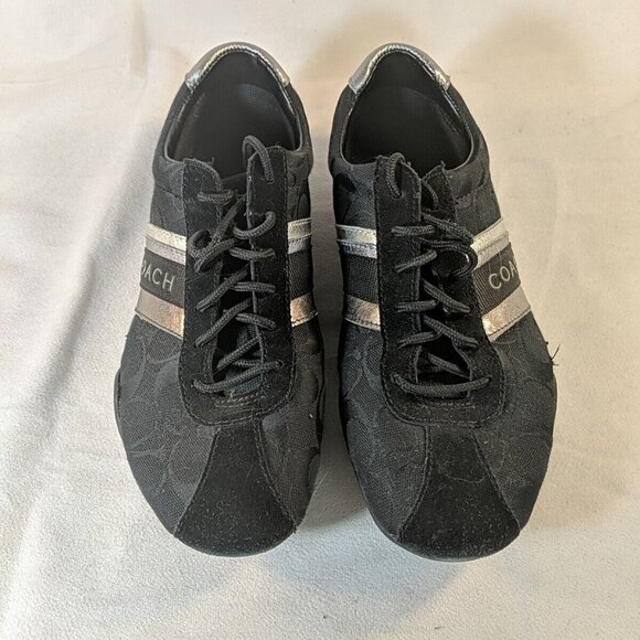 Coach Jayme Black Sneakers Shoes Q582 Womens US 8.5 Black Silver Monogram Tennis - Picture 2 of 12